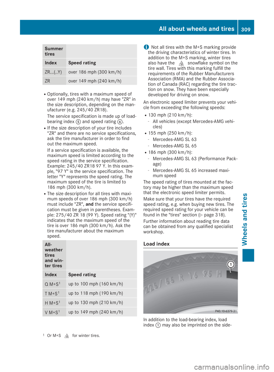MERCEDES-BENZ SL CLASS 2019  Owners Manual Summertires
IndexSpeed rating
ZR...(..Y)over 186 mph (300 km/h)
ZRover 149 mph (240 km/h)
ROptionally, tires with a maximum speed ofover 149 mph (240 km/h) may have "ZR" inthe size description