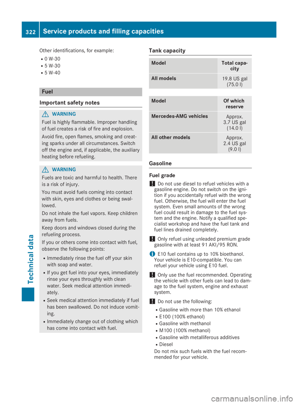MERCEDES-BENZ SL CLASS 2019 User Guide Other identifications, for example:
R0 W-30
R5 W-30
R5 W-40
Fuel
Important safety notes
GWARNING
Fuel is highly flammable. Improper handling
of fuel creates a risk of fire and explosion.
Avoid fire, o MERCEDES-BENZ SL CLASS 2019 User Guide Other identifications, for example:
R0 W-30
R5 W-30
R5 W-40
Fuel
Important safety notes
GWARNING
Fuel is highly flammable. Improper handling
of fuel creates a risk of fire and explosion.
Avoid fire, o