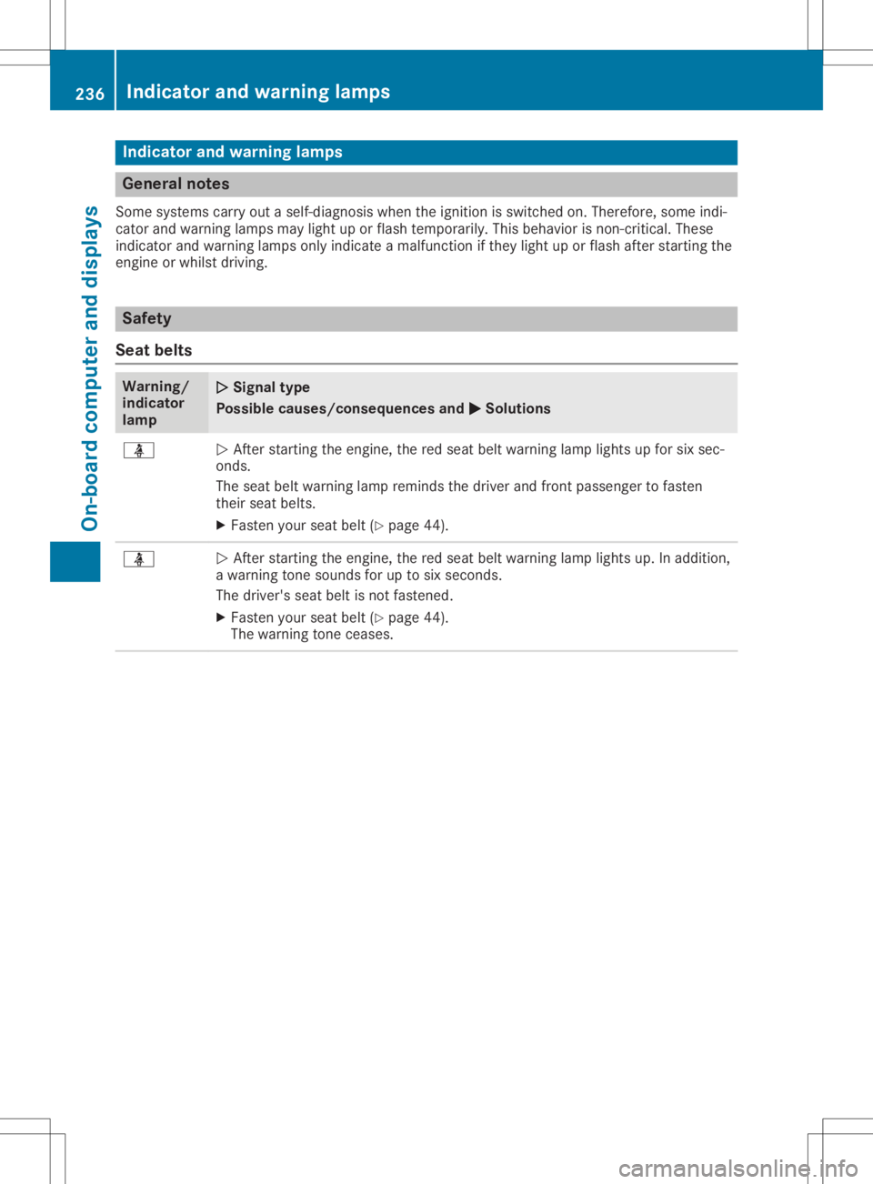MERCEDES-BENZ SL CLASS 2020 Owners Manual Ind
icat orand warning lamps Gener
alnot es
So me syst ems carryout aself -diagn osis when theign ition isswit ched on.Ther efore, som eind i-
cat orand warn inglamp smay lightup orflas hte mpo rarily MERCEDES-BENZ SL CLASS 2020 Owners Manual Ind
icat orand warning lamps Gener
alnot es
So me syst ems carryout aself -diagn osis when theign ition isswit ched on.Ther efore, som eind i-
cat orand warn inglamp smay lightup orflas hte mpo rarily