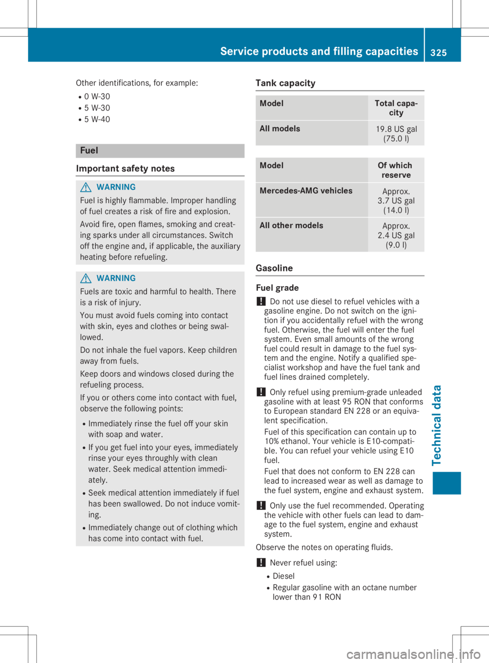MERCEDES-BENZ SL CLASS 2020 Owners Manual Other
identifications, forexample:
R 0W-30
R 5W-30
R 5W-40 Fuel
Importa ntsafety notes G
WARNING
Fuel ishighly flammabl e.Improper handling
of fuel creates arisk offire and explosion.
Avoid fire,open MERCEDES-BENZ SL CLASS 2020 Owners Manual Other
identifications, forexample:
R 0W-30
R 5W-30
R 5W-40 Fuel
Importa ntsafety notes G
WARNING
Fuel ishighly flammabl e.Improper handling
of fuel creates arisk offire and explosion.
Avoid fire,open