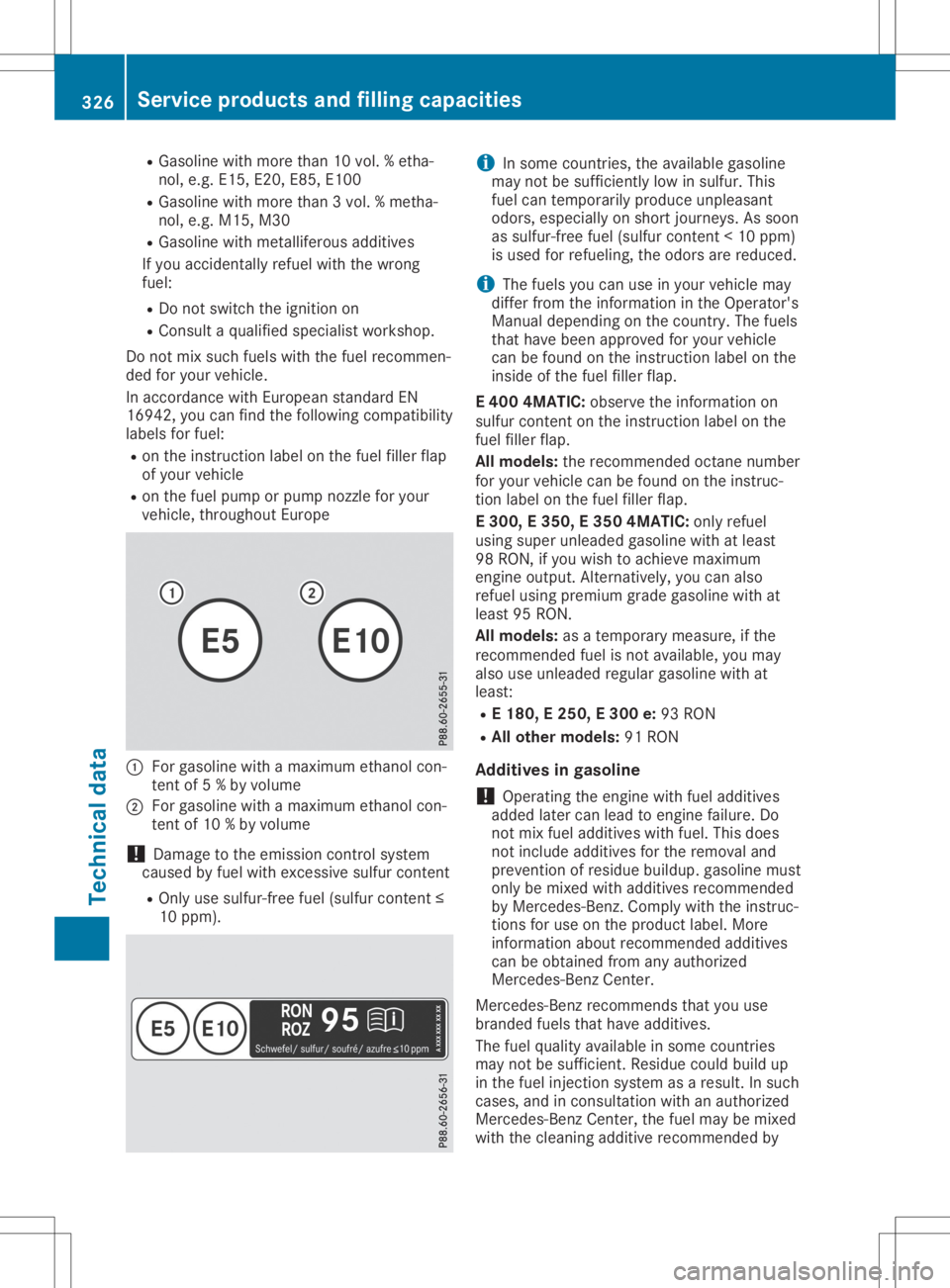 MERCEDES-BENZ SL CLASS 2020 Owners Manual R
Gasolin ewith moreth an 10 vol. %etha-
no l,e.g .E1 5,E2 0,E8 5,E1 00
R Gasolin ewith moreth an 3vol. %met ha-
no l,e.g .M15 ,M30
R Gasolin ewith metallife rous addit ives
If you acciden tallyref ue MERCEDES-BENZ SL CLASS 2020 Owners Manual R
Gasolin ewith moreth an 10 vol. %etha-
no l,e.g .E1 5,E2 0,E8 5,E1 00
R Gasolin ewith moreth an 3vol. %met ha-
no l,e.g .M15 ,M30
R Gasolin ewith metallife rous addit ives
If you acciden tallyref ue