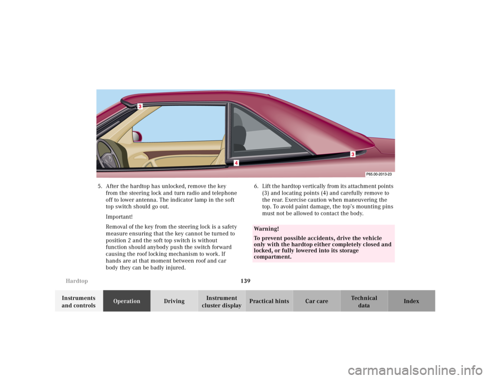 MERCEDES-BENZ SL CLASS 2000 Owners Manual 139 Hardtop
Technical
data Instruments
and controlsOperationDrivingInstrument
cluster displayPractical hints Car care Index 5. After the hardtop has unlocked, remove the key
from the steering lock MERCEDES-BENZ SL CLASS 2000 Owners Manual 139 Hardtop
Technical
data Instruments
and controlsOperationDrivingInstrument
cluster displayPractical hints Car care Index 5. After the hardtop has unlocked, remove the key
from the steering lock