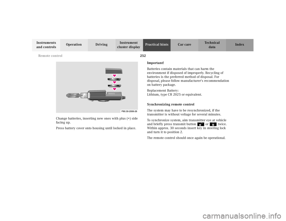 MERCEDES-BENZ SL CLASS 2000  Owners Manual 252 Remote control
Technical
data Instruments 
and controlsOperation DrivingInstrument 
cluster displayPractical hintsCar care Index
Change batteries, inserting new ones with plus (+) side 
facing up.