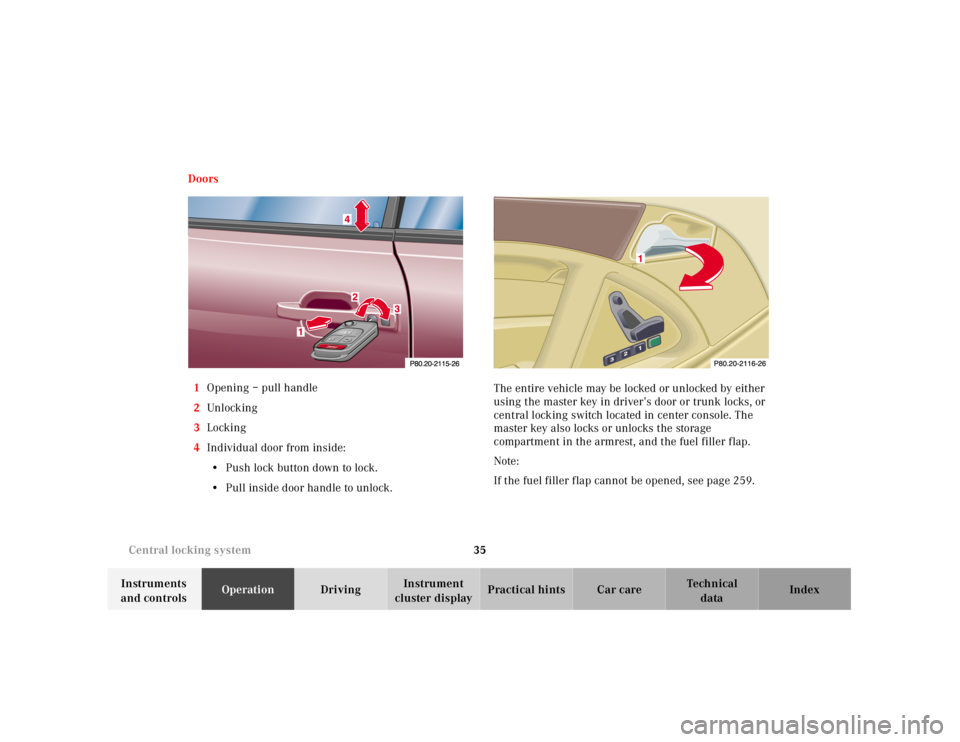 MERCEDES-BENZ SL CLASS 2000  Owners Manual 35 Central locking system
Technical
data Instruments 
and controlsOperationDrivingInstrument 
cluster displayPractical hints Car care Index Doors
1Opening – pull handle
2Unl ock ing
3Locking
4Indivi
