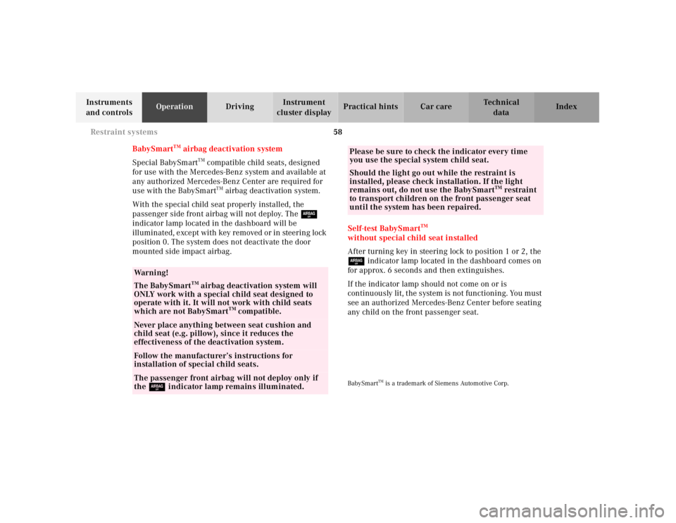 MERCEDES-BENZ SL CLASS 2000  Owners Manual 58 Restraint systems
Technical
data Instruments 
and controlsOperationDrivingInstrument 
cluster displayPractical hints Car care Index
BabySmart
TM airbag deactivation system
Special BabySmart
TM comp