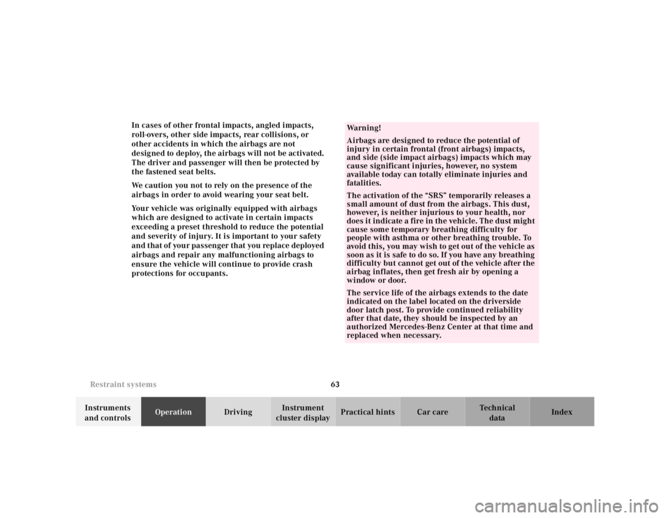 MERCEDES-BENZ SL CLASS 2002  Owners Manual 63 Restraint systems
Te ch n ica l
data Instruments 
and controlsOperationDrivingInstrument 
cluster displayPractical hints Car care Index In cases of other frontal impacts, angled impacts, 
roll-over