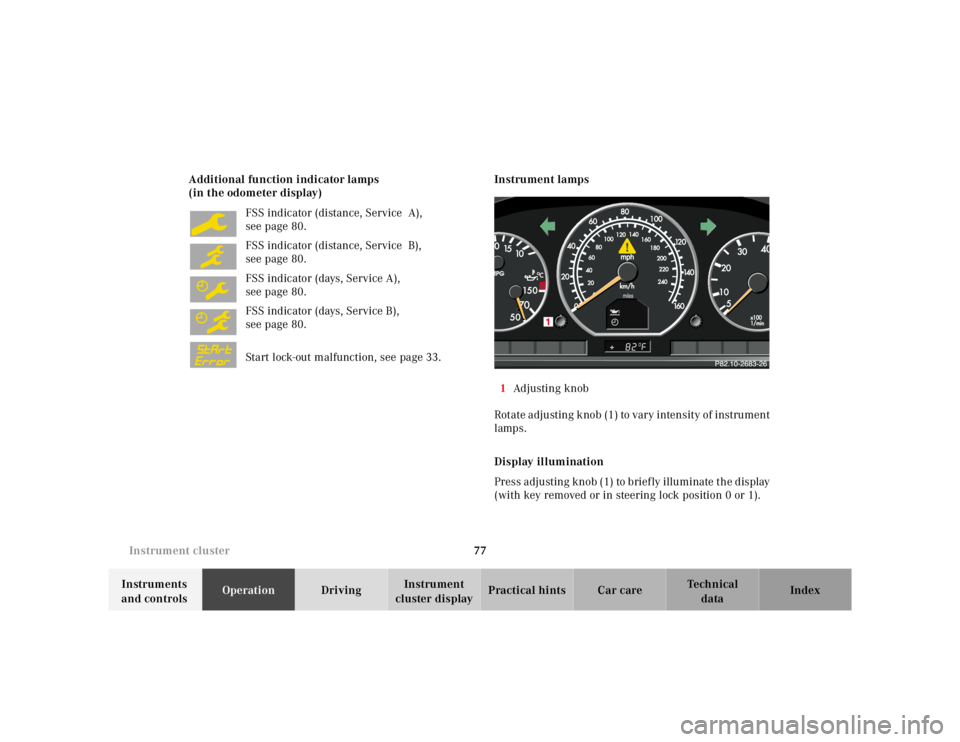 MERCEDES-BENZ SL CLASS 2002 User Guide 77 Instrument cluster
Te ch n ica l
data Instruments 
and controlsOperationDrivingInstrument 
cluster displayPractical hints Car care Index Additional function indicator lamps
(in the odometer display
