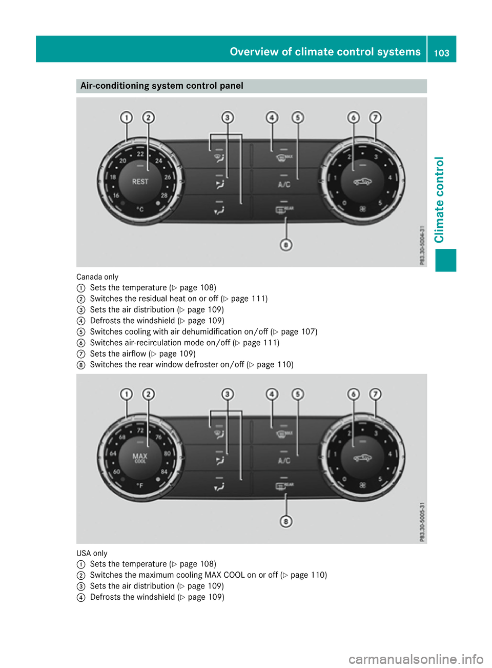 MERCEDES-BENZ SLC 2017  Owners Manual Air-conditionin gs ystem cont rol panel
Canada only
�C
Sets th et em perature ( Y
page 108)�D
Switches th er esidual heat on or off ( Y
page 111)�
