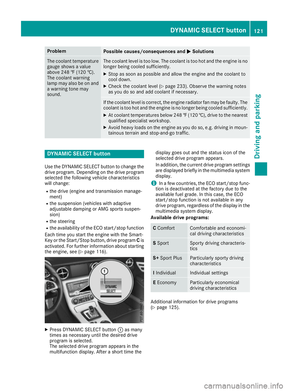 MERCEDES-BENZ SLC 2017  Owners Manual Problem
Possible causes/consequences and �P Solutions
The coolant temperature
gauge shows av alue
above 248 ‡( 120 †).
The coolant warning
lamp may also be on and
aw arning tone may
sound. The coo