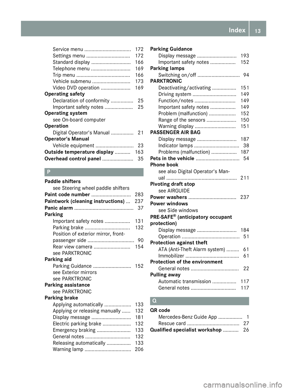 MERCEDES-BENZ SLC 2017  Owners Manual Service menu ................................. 172
Setting sm enu ............................... 172
Standard display ............................ 166
Telephone menu ............................ 169
