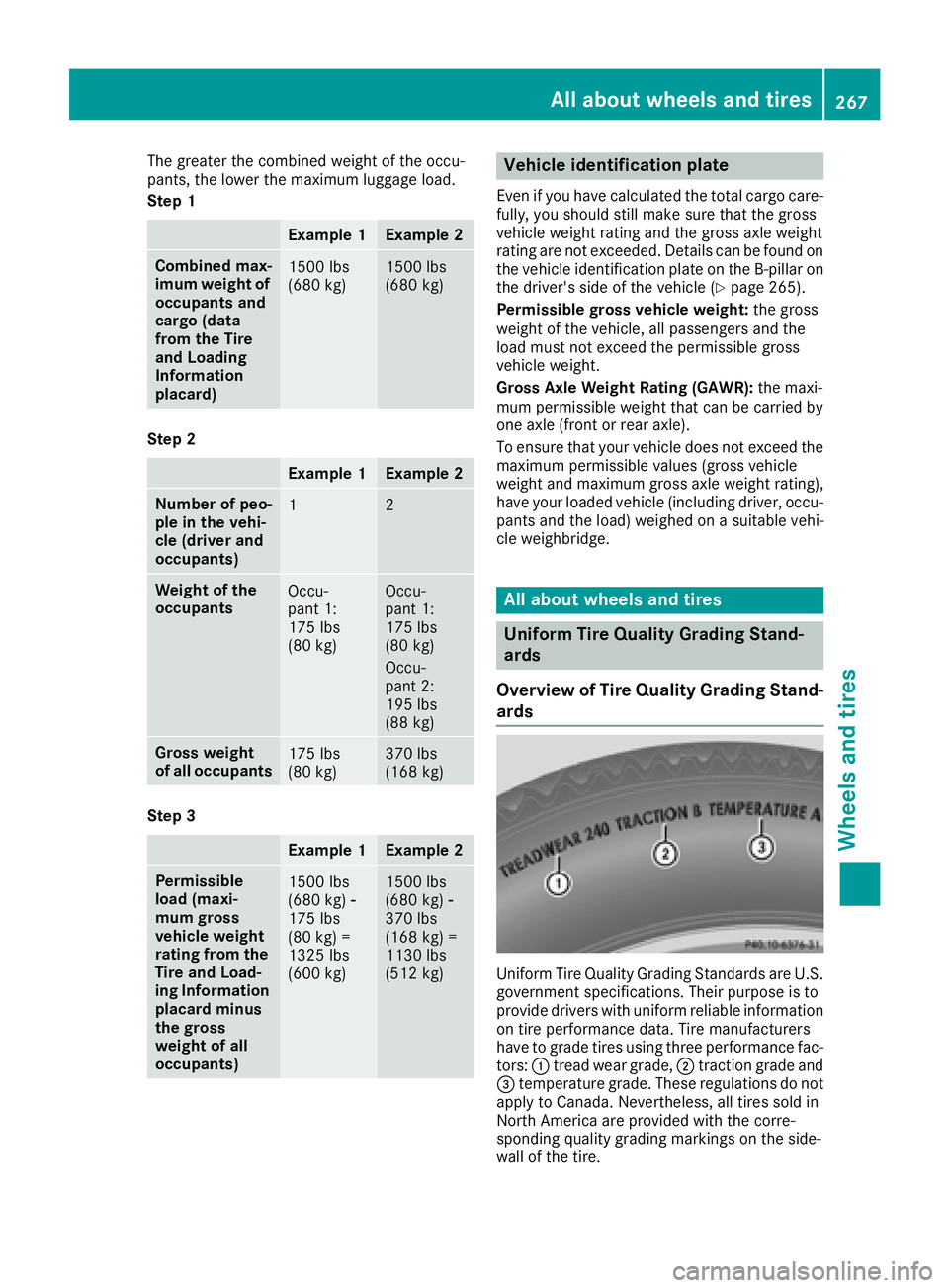 MERCEDES-BENZ SLC 2017  Owners Manual The greater the combined weight of the occu-
pants, the lower the maximum luggage load.
Step 1
Example 1 Example 2
Combined max-
imum weight of
occupants and
cargo (data
from the Tire
and Loading
Info