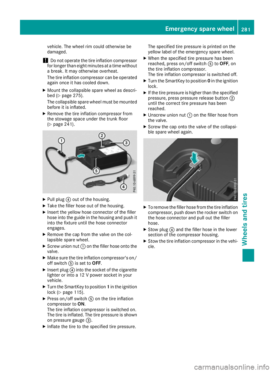 MERCEDES-BENZ SLC 2017 Owners Manual vehicle. The whee lr im could otherwise be
damaged.
! Do not operate the tire inflation compressor
for longer than eigh tm inutes at at ime without
ab reak. It may otherwise overheat.
The tire inflati MERCEDES-BENZ SLC 2017 Owners Manual vehicle. The whee lr im could otherwise be
damaged.
! Do not operate the tire inflation compressor
for longer than eigh tm inutes at at ime without
ab reak. It may otherwise overheat.
The tire inflati
