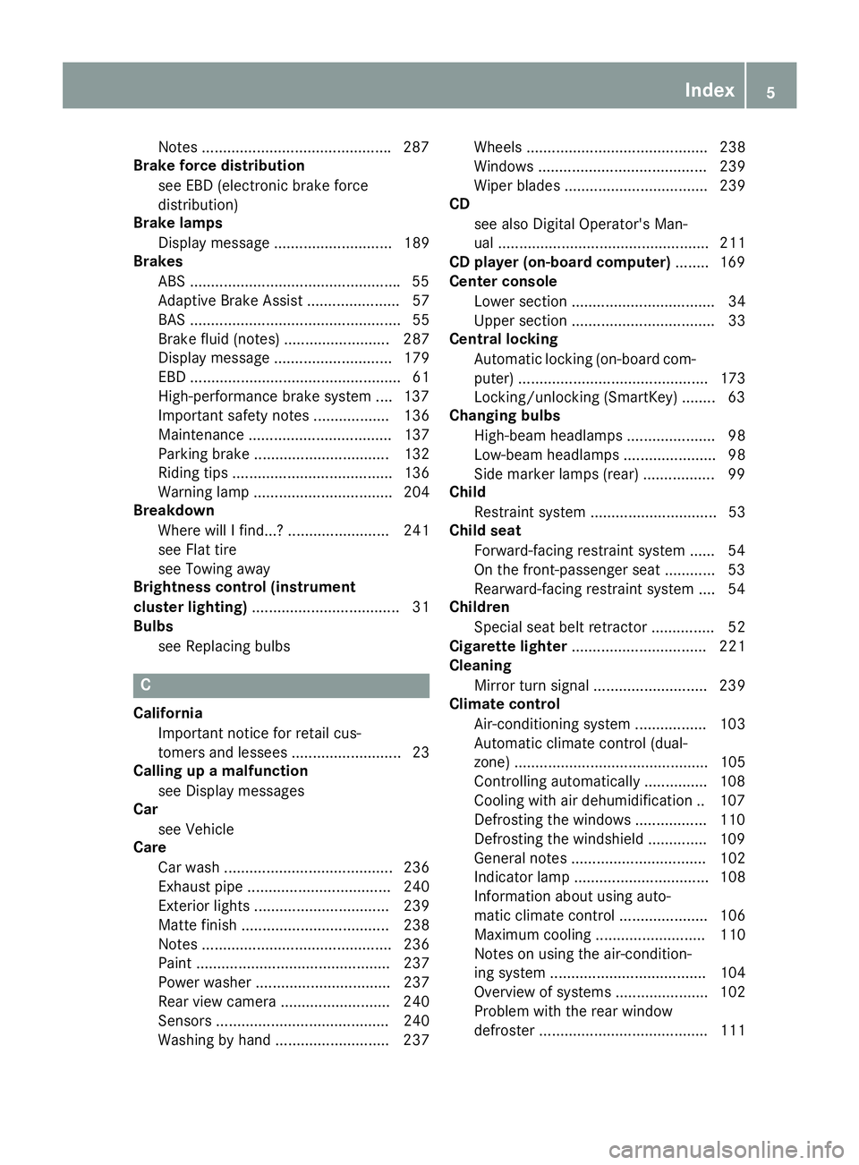 MERCEDES-BENZ SLC 2017  Owners Manual Notes ............................................ .2 87
Brake force distribution
see EBD (electronic brake force
distribution)
Brake lamps
Display message ............................ 189
Brakes
ABS 