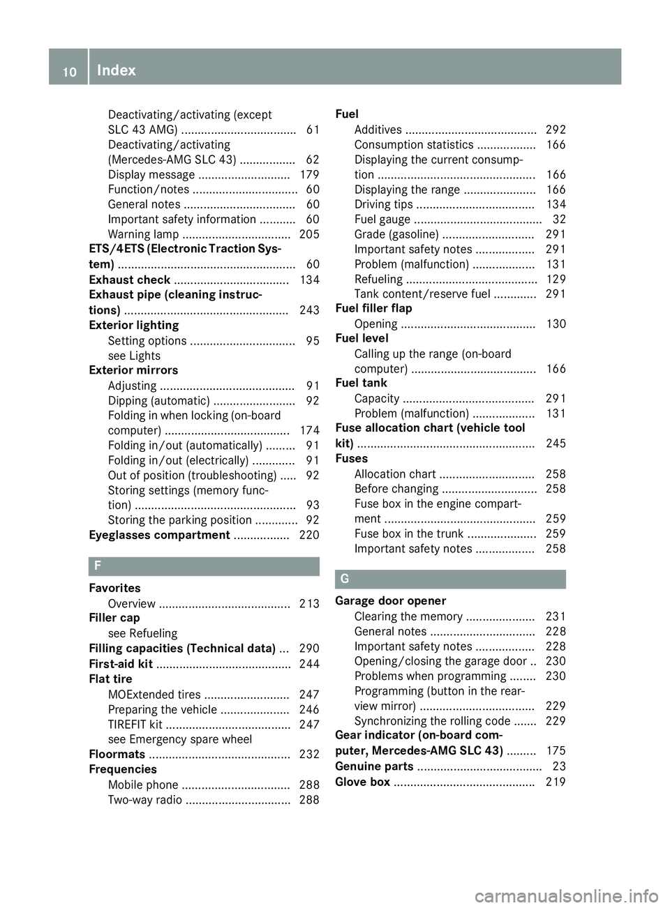 MERCEDES-BENZ SLC 2018  Owners Manual Deactivating/activating (except
SLC 43 AMG ). .................................. 61
Deactivating/activating
(Mercedes-AMG SLC 43) ................. 62
Display message ............................ 179
