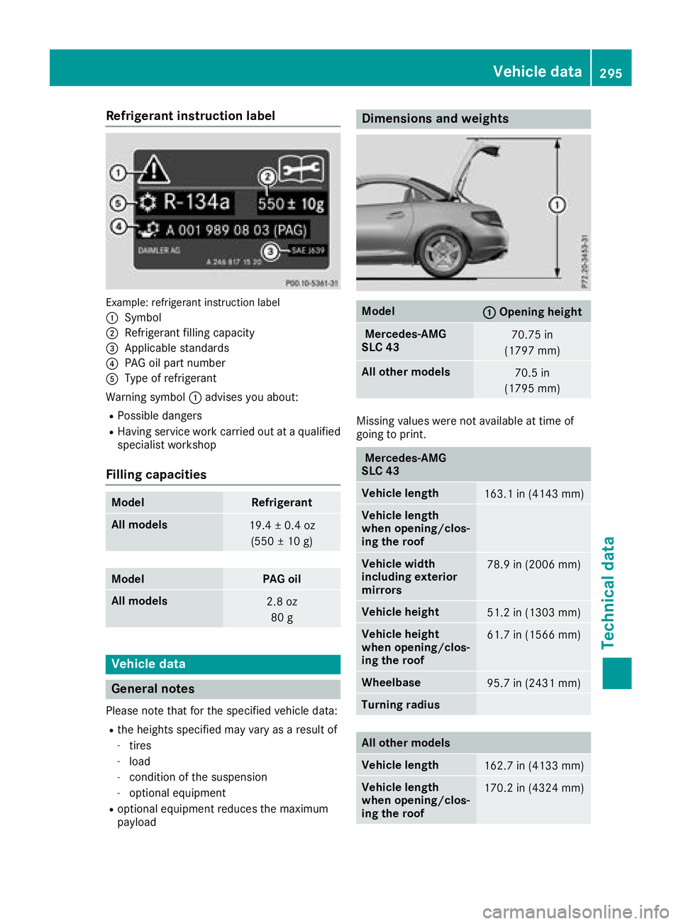 MERCEDES-BENZ SLC 2018  Owners Manual Refrigerant instructio nl abel
Example :r efrigerant instruction label
�C
Symbol�D
Refrigerant filling capacity�