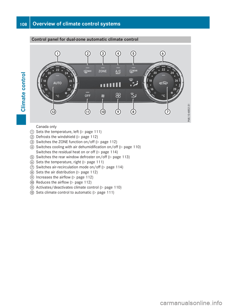 MERCEDES-BENZ SLC 2019  Owners Manual Control panel for dual-zone automatic climate control
Canada only
�CSets the temperature, left (Ypage 111)
�DDefrosts the windshield (Ypage 112)
�
