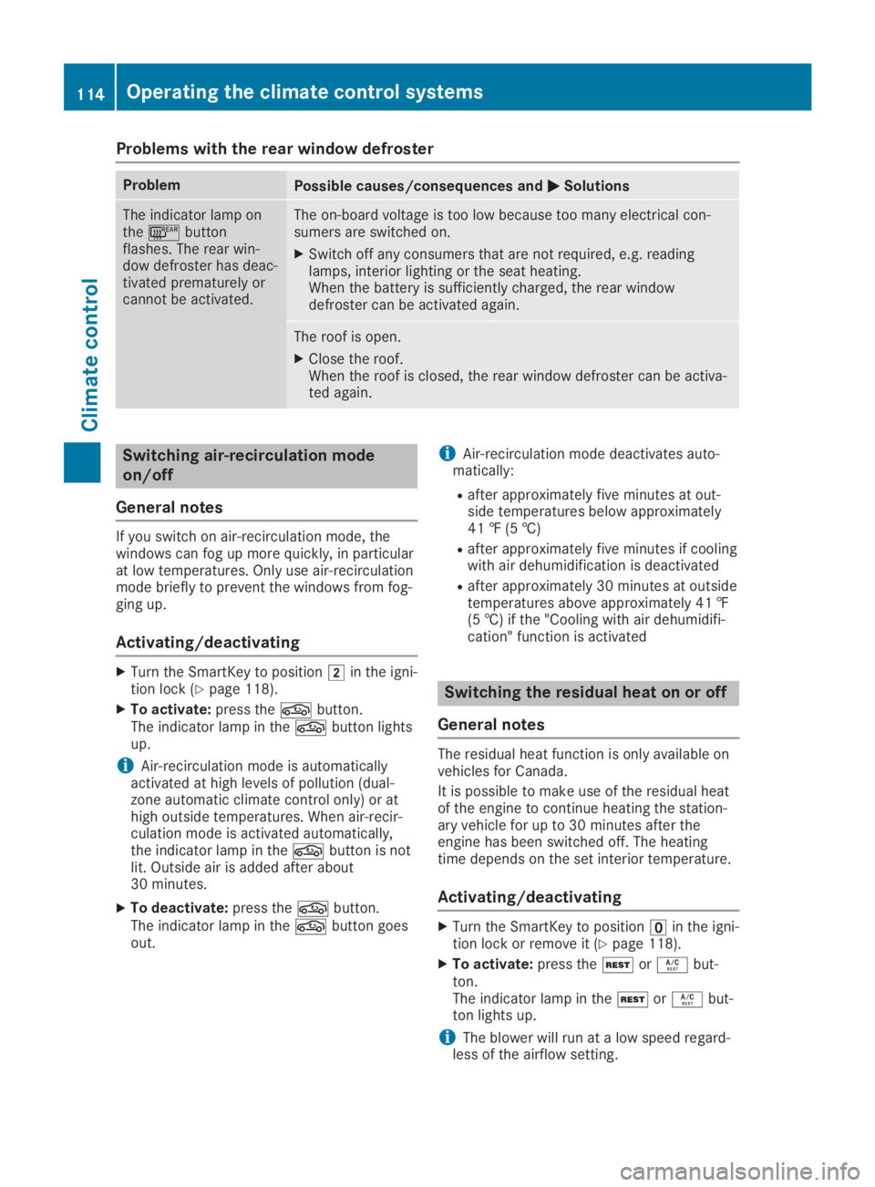 MERCEDES-BENZ SLC 2019  Owners Manual Problems with the rear window defroster
ProblemPossible causes/consequences and�P�PSolutions
The indicator lamp onthe�lbuttonflashes. The rear win-dow defroster has deac-tivated prematurely orcannot b