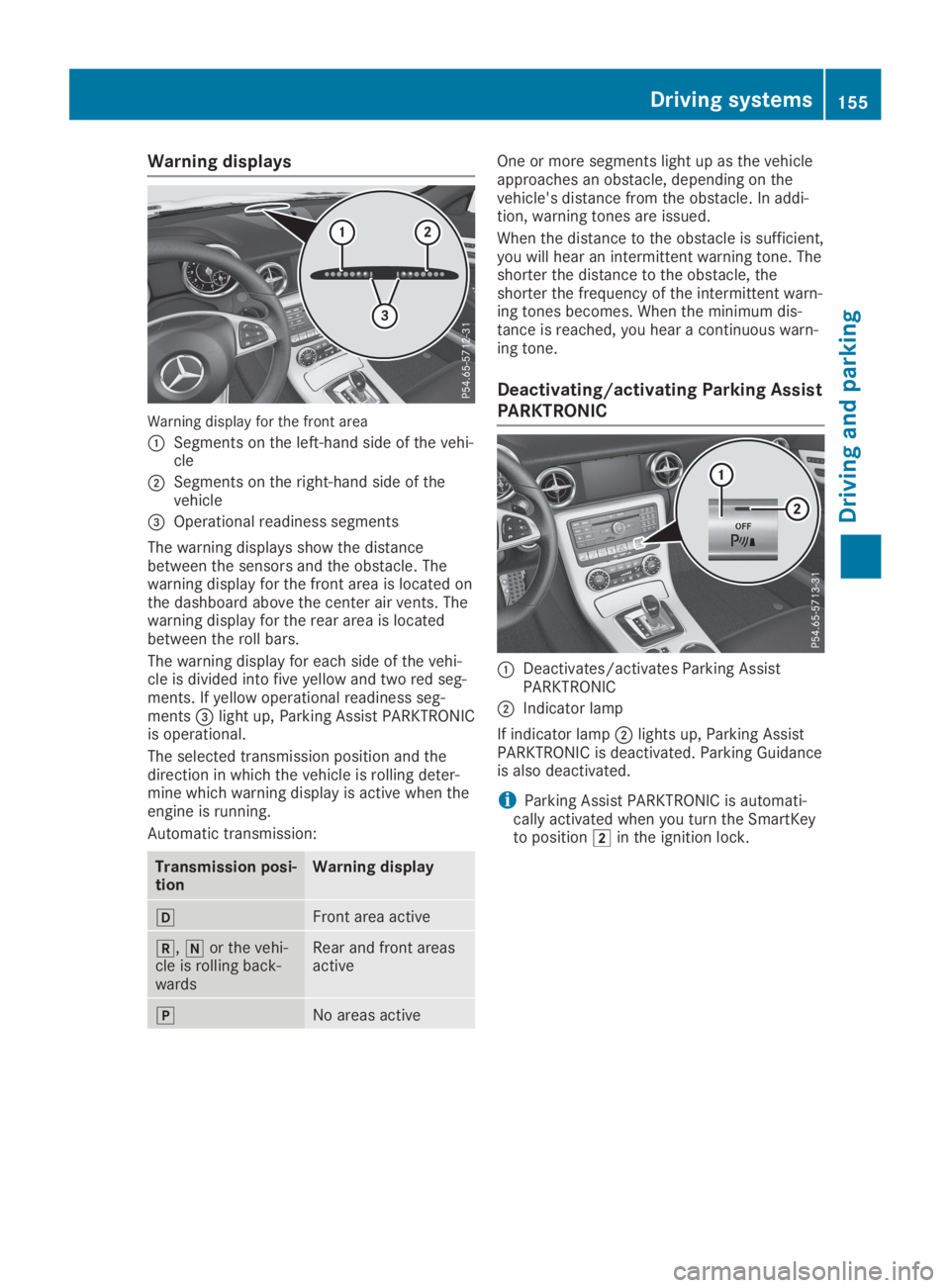 MERCEDES-BENZ SLC 2019  Owners Manual Warning displays
Warning display for the front area
�CSegments on the left-hand side of the vehi-cle
�DSegments on the right-hand side of thevehicle
�