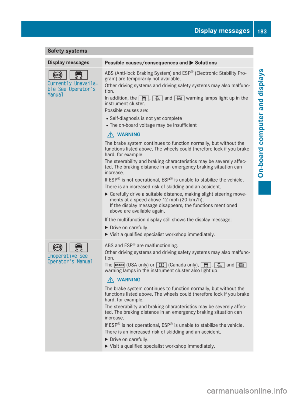 MERCEDES-BENZ SLC 2019  Owners Manual Safety systems
Display messagesPossible causes/consequences and�P�PSolutions
�%�