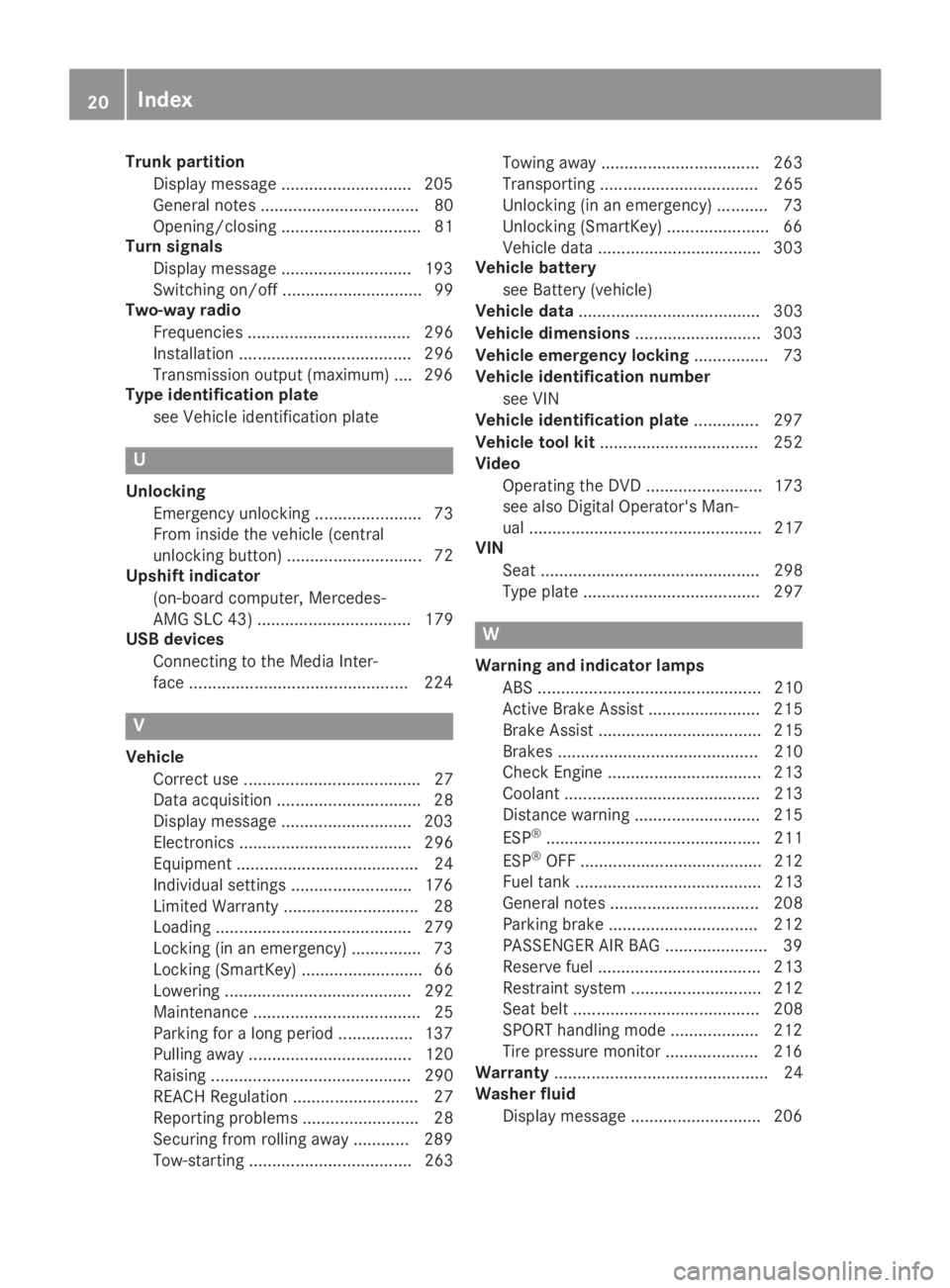 MERCEDES-BENZ SLC 2019  Owners Manual Trunk partition
Display message ............................ 205
General notes .................................. 80
Opening/closing .............................. 81
Turn signals
Display message ....