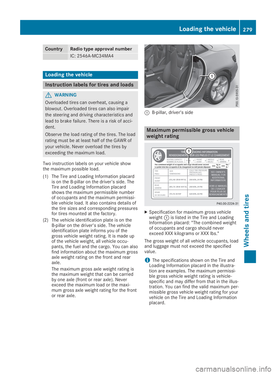 MERCEDES-BENZ SLC 2019  Owners Manual CountryRadio type approval number
IC: 2546A-MC34MA4
Loading the vehicle
Instruction labels for tires and loads
GWARNING
Overloaded tires can overheat, causing a
blowout. Overloaded tires can also impa