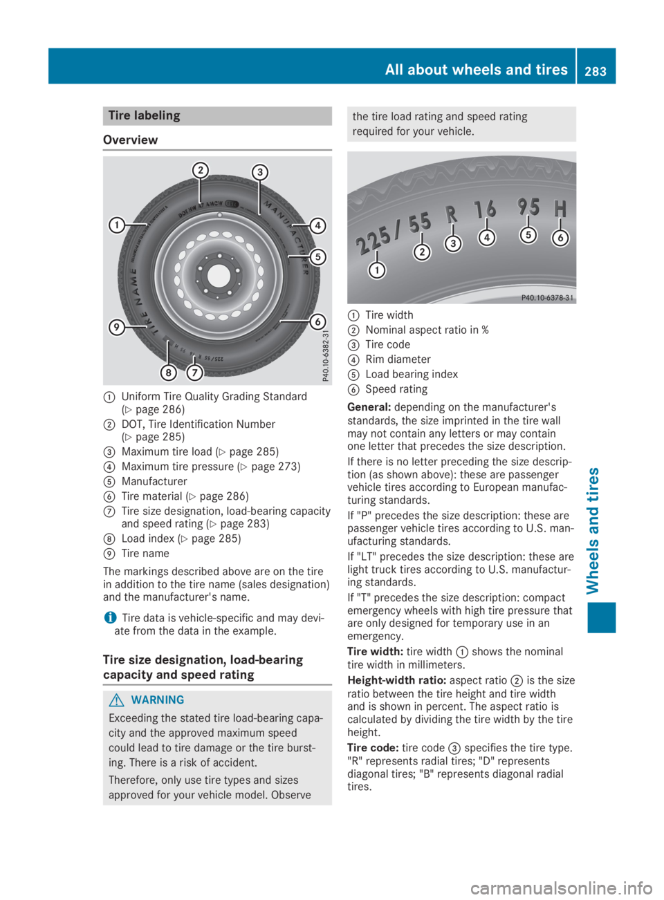 MERCEDES-BENZ SLC 2019  Owners Manual Tire labeling
Overview
�CUniform Tire Quality Grading Standard(Ypage 286)
�DDOT, Tire Identification Number(Ypage 285)
�