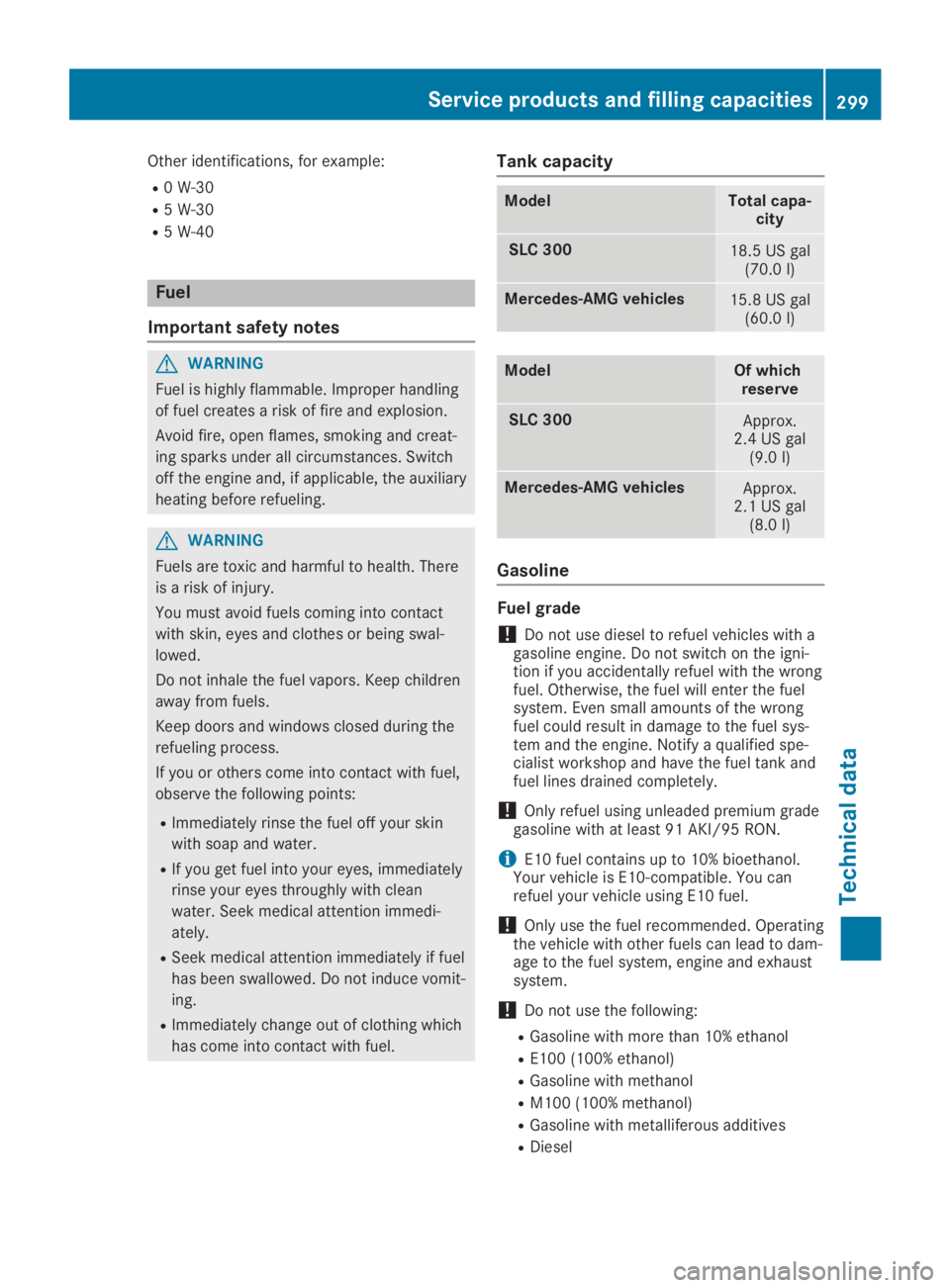 MERCEDES-BENZ SLC 2019  Owners Manual Other identifications, for example:
R0 W-30
R5 W-30
R5 W-40
Fuel
Important safety notes
GWARNING
Fuel is highly flammable. Improper handling
of fuel creates a risk of fire and explosion.
Avoid fire, o