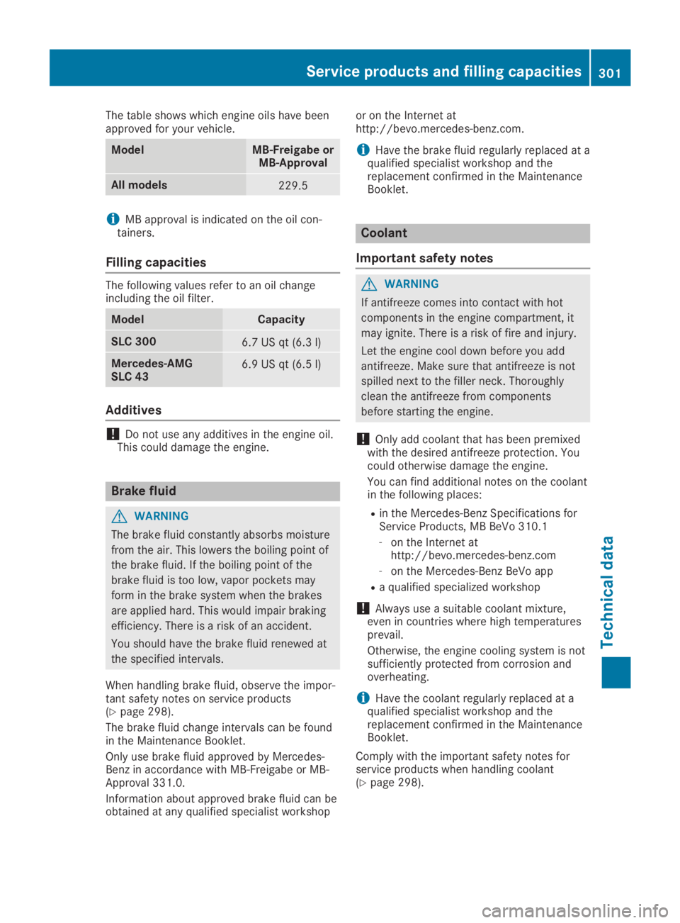 MERCEDES-BENZ SLC 2019 Owners Manual The table shows which engine oils have beenapproved for your vehicle.
ModelMB-Freigabe orMB-Approval
All models229.5
iMB approval is indicated on the oil con-tainers.
Filling capacities
The following MERCEDES-BENZ SLC 2019 Owners Manual The table shows which engine oils have beenapproved for your vehicle.
ModelMB-Freigabe orMB-Approval
All models229.5
iMB approval is indicated on the oil con-tainers.
Filling capacities
The following