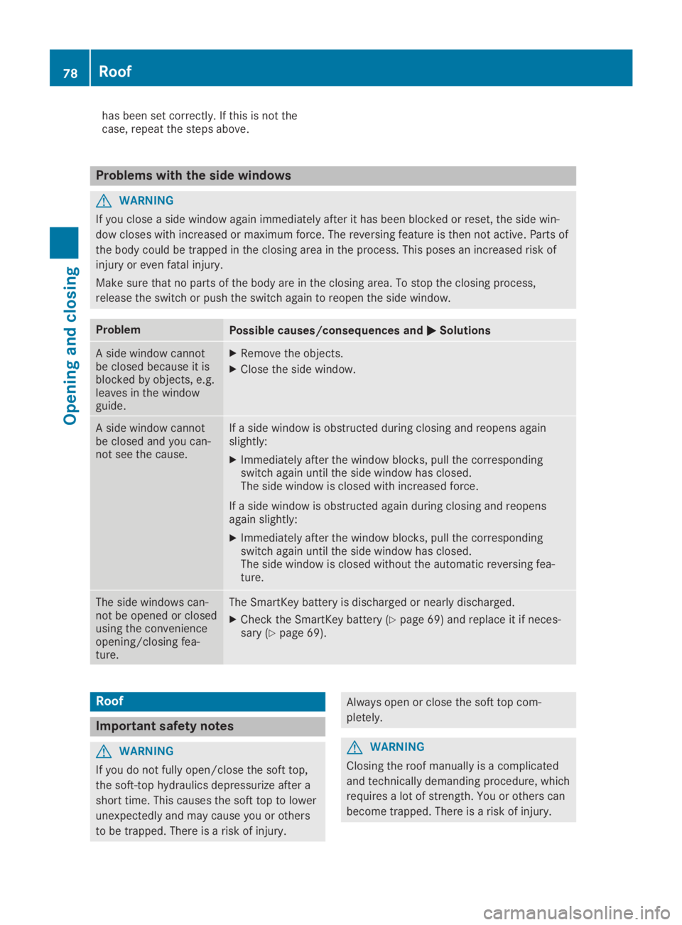 MERCEDES-BENZ SLC 2019 Manual PDF has been set correctly. If this is not thecase, repeat the steps above.
Problems with the side windows
GWARNING
If you close a side window again immediately after it has been blocked or reset, the sid