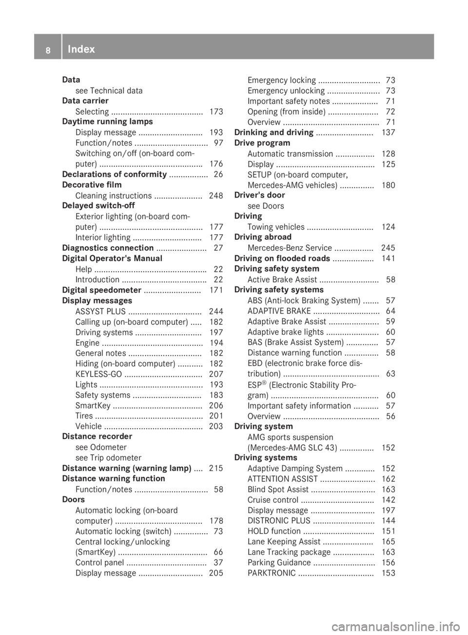 MERCEDES-BENZ SLC 2019 Owners Manual Data
see Technical data
Data carrier
Selecting ........................................ 173
Daytime running lamps
Display message ............................ 193
Function/notes ...................... MERCEDES-BENZ SLC 2019 Owners Manual Data
see Technical data
Data carrier
Selecting ........................................ 173
Daytime running lamps
Display message ............................ 193
Function/notes ......................