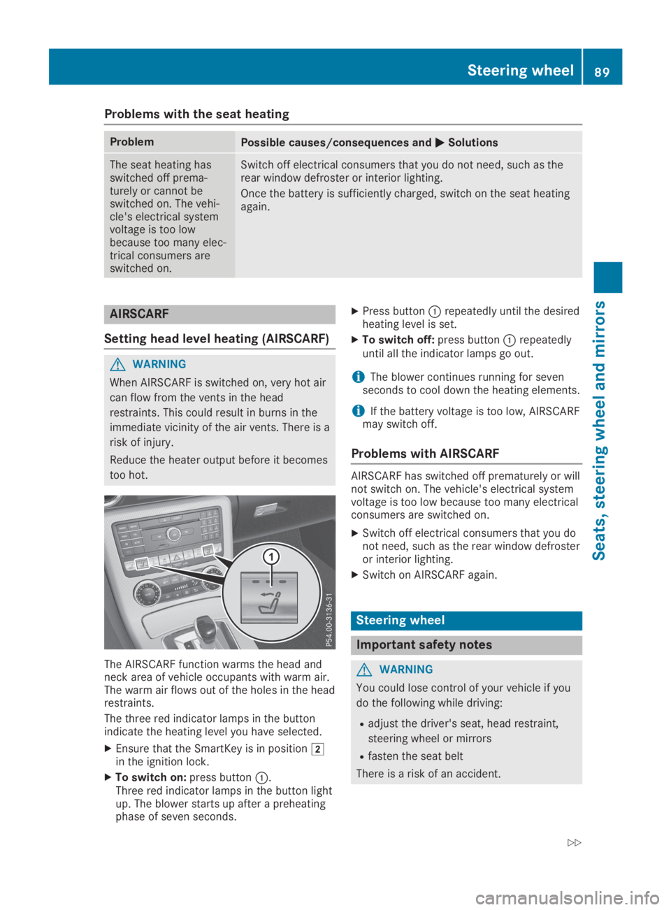 MERCEDES-BENZ SLC 2019  Owners Manual Problems with the seat heating
ProblemPossible causes/consequences and�P�PSolutions
The seat heating hasswitched off prema-turely or cannot beswitched on. The vehi-cle's electrical systemvoltage i