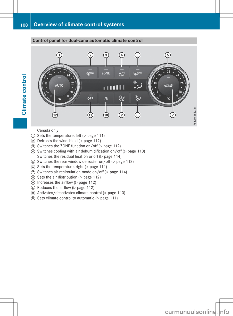 MERCEDES-BENZ SLC 2020  Owners Manual Cont
rolpanel fordual-zone autom atic clim atec ont rol Canad
aonly
0043 Setsthe temper ature,left (Ypage 111)
0044 Defrost sthe wind shield(Y page 112)
0087 Swit ches theZ ONE function on/of f(Y page