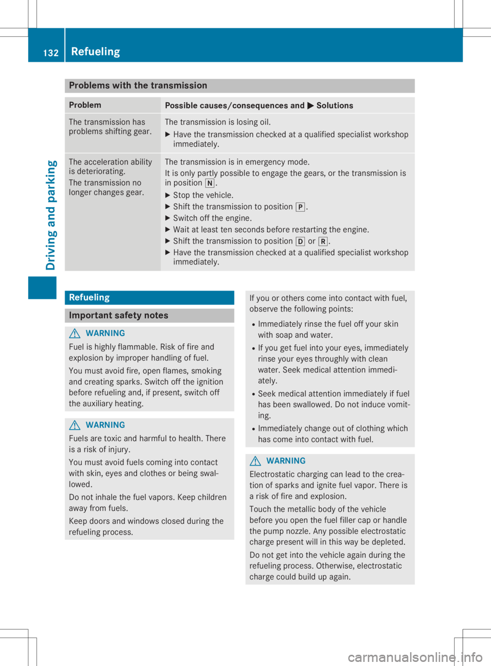 MERCEDES-BENZ SLC 2020  Owners Manual Problems
withthetransmission Problem
Possible
causes/co nsequences and0050 0050
Solutions The
transm issionhas
problems shiftinggear. The
transm issionislosing oil.
X Have thetransm issioncheckedataq 