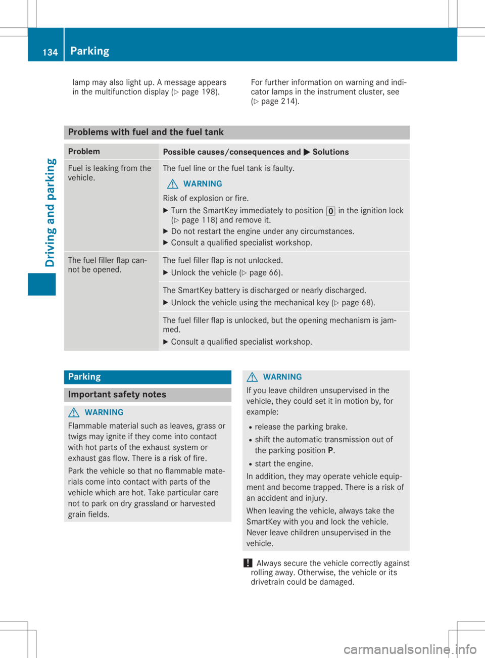 MERCEDES-BENZ SLC 2020  Owners Manual lamp
mayalsolight up.Am essage appears
in the multif unction display (Ypage 198). For
further informat iononwarnin gand indi-
cat orlamps inthe instrumen tclust er,see
(Y page 214). Problem
swithfuel 