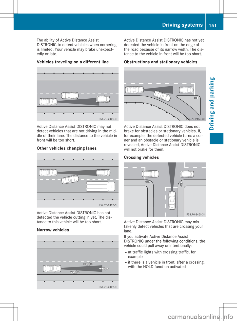 MERCEDES-BENZ SLC 2020  Owners Manual The
ability ofAct ive Distan ceAssist
DIS TRONIC todetect vehicles whencornering
is limited. Yourvehicle maybrake unexpect -
edly orlate.
Vehicles traveling onadiffer entline Act
ive Distan ceAssist D