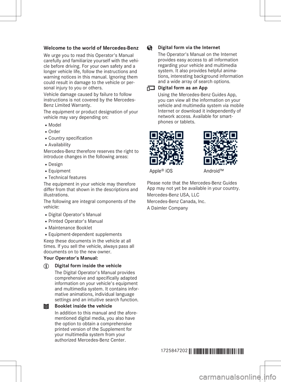 MERCEDES-BENZ SLC 2020  Owners Manual Welc
ometothe world ofMerce des-Ben z
We urge youtoread thisOpera tor'sManu al
carefu llyand famil iarizeyou rself withthevehi-
cle before driving.For yourown safety anda
longer vehiclelife ,foll 