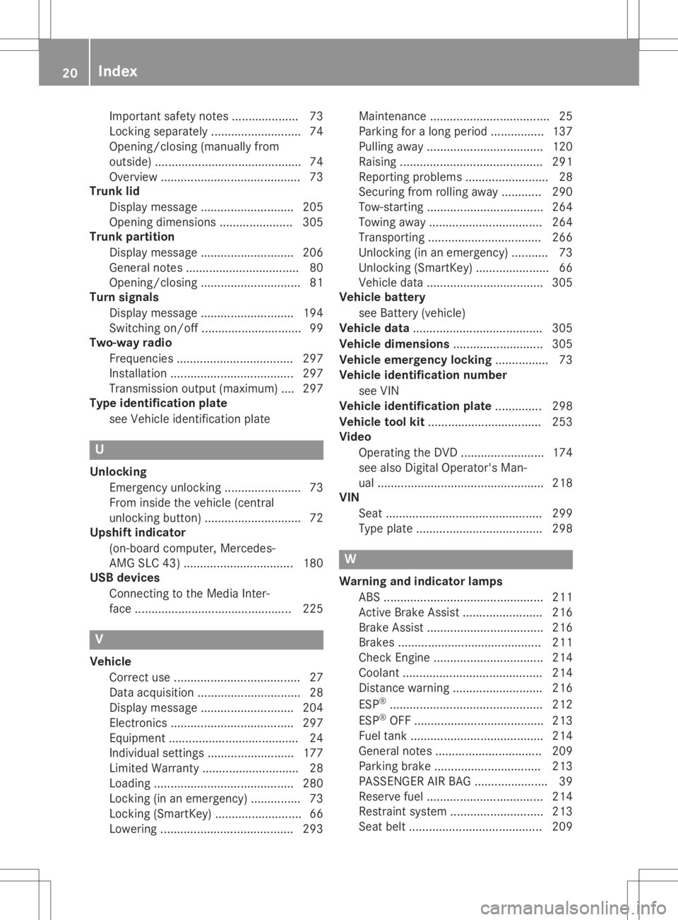 MERCEDES-BENZ SLC 2020  Owners Manual Important
safetynotes.................... 73
Locking separately ........................... 74
Opening/closi ng(manua llyfrom
outsid e).... ........................................ 74
Overview .......