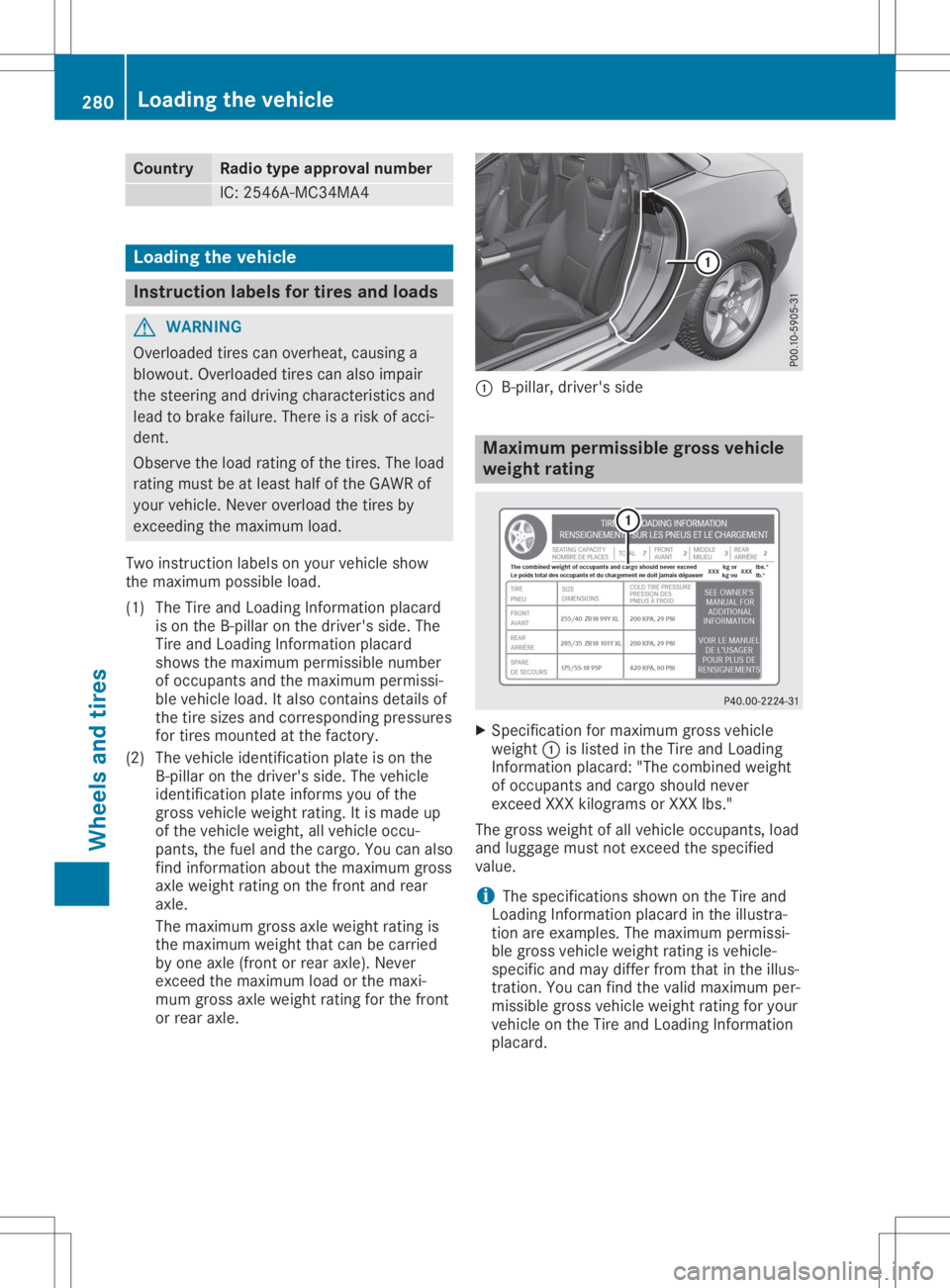 MERCEDES-BENZ SLC 2020  Owners Manual Count
ry Ra
dio type approval number IC:
2546A-MC34 MA4 Load
ingthev ehicle Inst
ruction labels fortires and loads G
WAR
NING
Ove rloade dtires can over heat ,causi nga
blowout .Overloade dtires can a