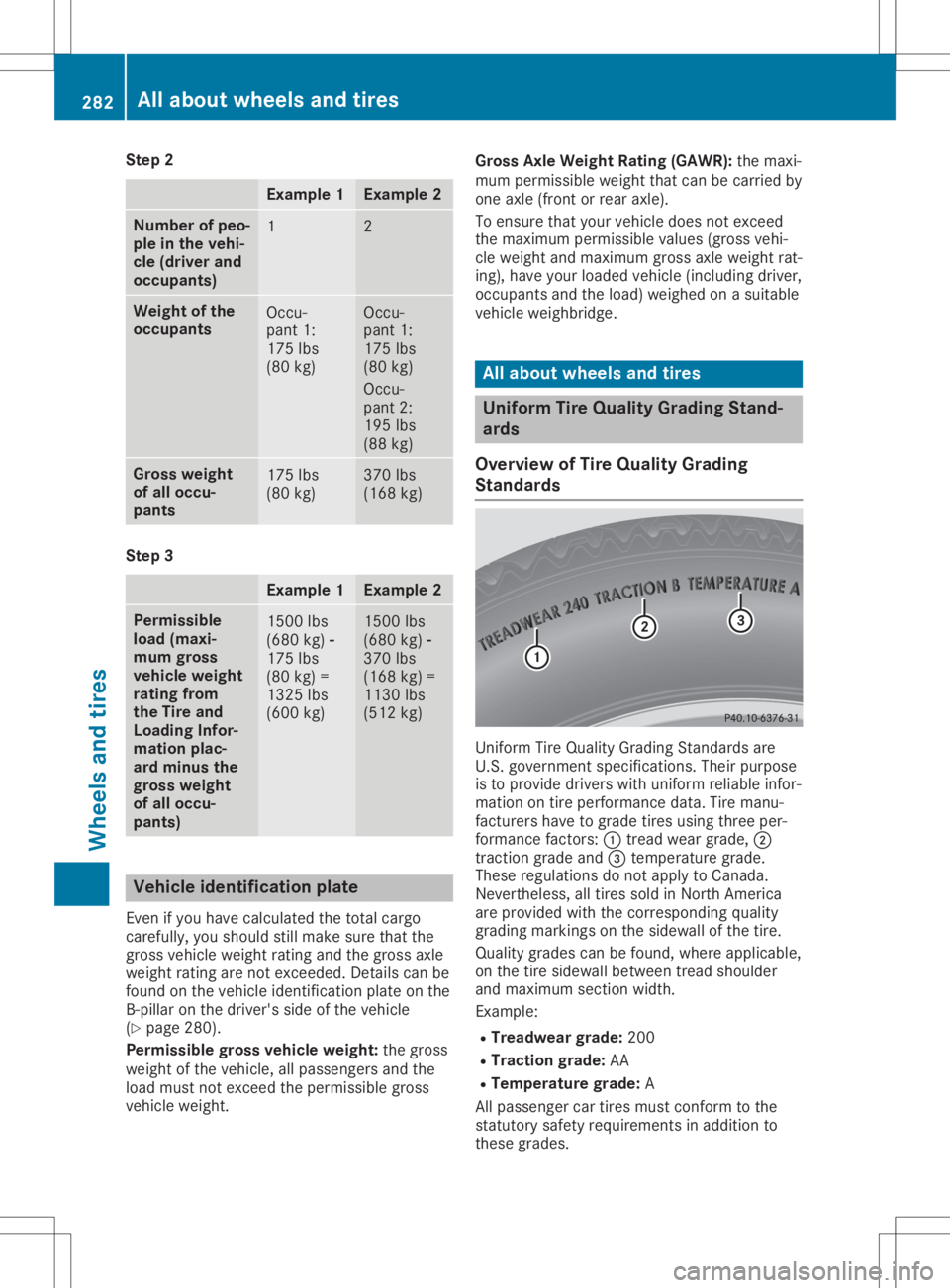 MERCEDES-BENZ SLC 2020  Owners Manual Step
2 Example
1 Example
2 Num
berofpeo-
ple inthe vehi-
cle (driver and
occupants) 1 2
Weight
ofthe
occupants Occu-
pant 1:
175 lbs
(80 kg) Occu-
pant 1:
175 lbs
(80 kg)
Occu-
pant 2:
195 lbs
(88 kg)