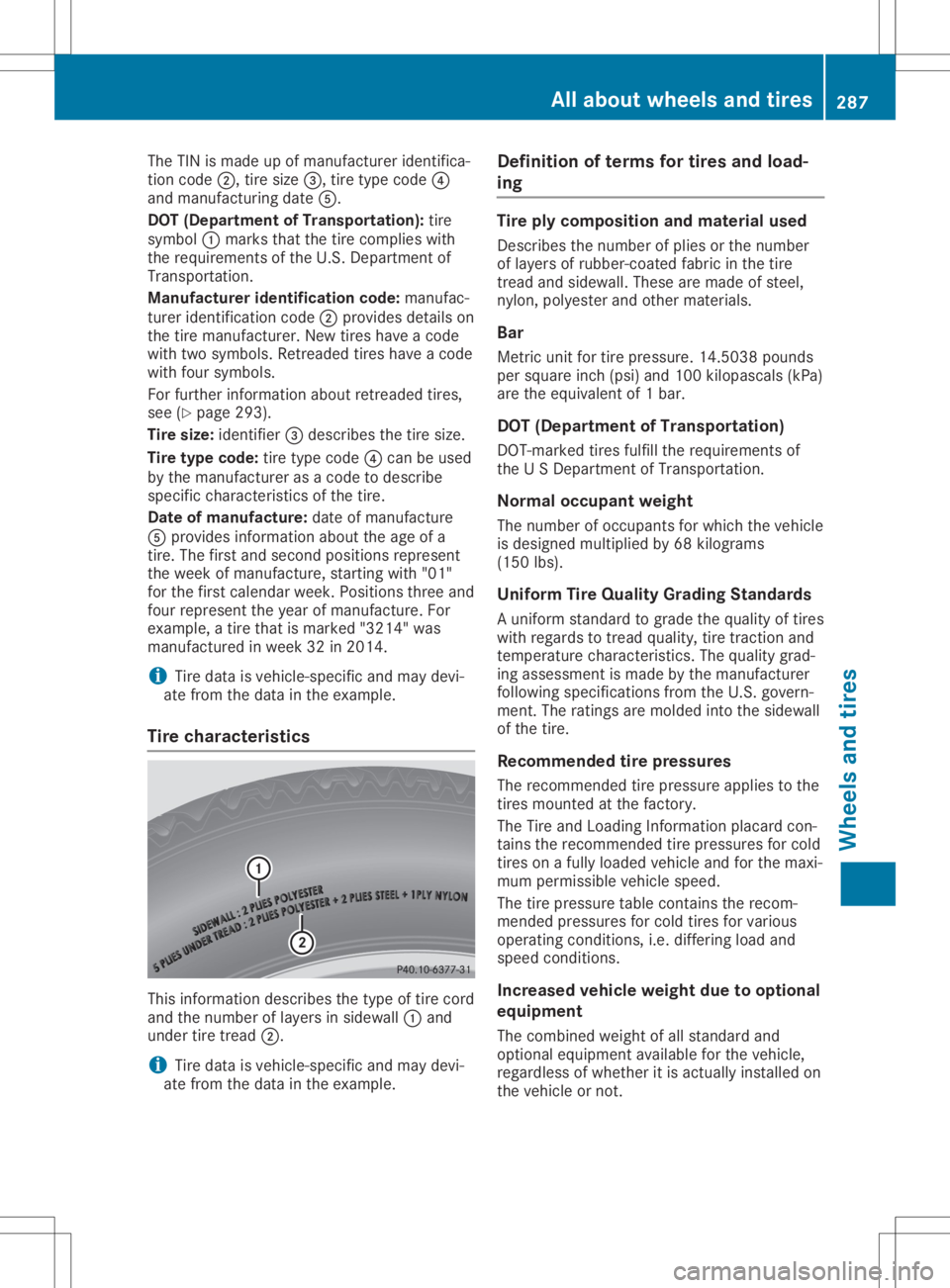 MERCEDES-BENZ SLC 2020  Owners Manual The
TINismade upofmanufact ureridentific a-
tion code 0044,tiresize 0087,t iretype code 0085
and manufact uringdate0083.
DOT (Departm entofTra nsport ation): tire
symbol 0043marks thatthetire complies