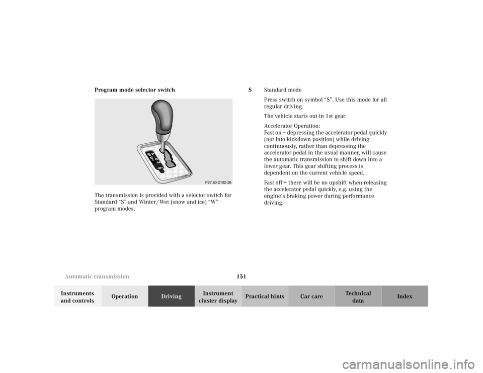 MERCEDES-BENZ SLK CLASS 2000 Owners Manual 151 Automatic transmission
Te ch n ica l
data Instruments
and controlsOperationDrivingInstrument
cluster displayPractical hints Car care Index Program mode selector switch
The transmission is provid MERCEDES-BENZ SLK CLASS 2000 Owners Manual 151 Automatic transmission
Te ch n ica l
data Instruments
and controlsOperationDrivingInstrument
cluster displayPractical hints Car care Index Program mode selector switch
The transmission is provid