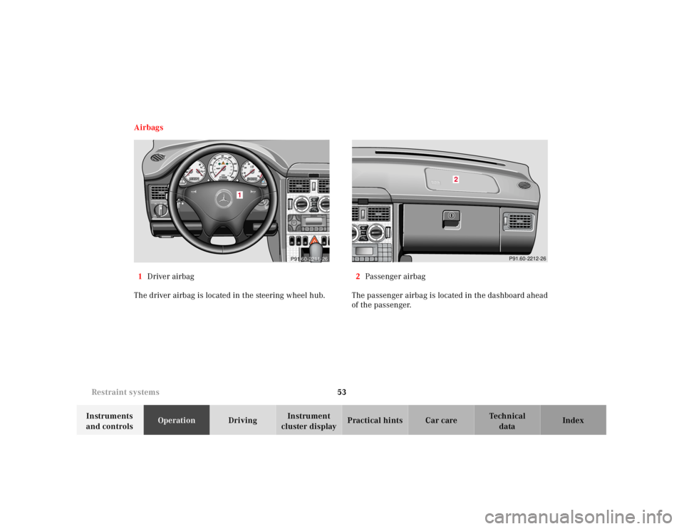 MERCEDES-BENZ SLK CLASS 2000 Workshop Manual 53 Restraint systems
Te ch n ica l
data Instruments 
and controlsOperationDrivingInstrument 
cluster displayPractical hints Car care Index Airbags
1Driver airbag
The driver airbag is located in the st