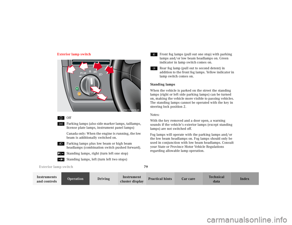 MERCEDES-BENZ SLK CLASS 2000 Manual Online 79 Exterior lamp switch
Te ch n ica l
data Instruments
and controlsOperationDrivingInstrument
cluster displayPractical hints Car care Index Exterior lamp switch
DOff
CParking lamps (also side marker MERCEDES-BENZ SLK CLASS 2000 Manual Online 79 Exterior lamp switch
Te ch n ica l
data Instruments
and controlsOperationDrivingInstrument
cluster displayPractical hints Car care Index Exterior lamp switch
DOff
CParking lamps (also side marker
