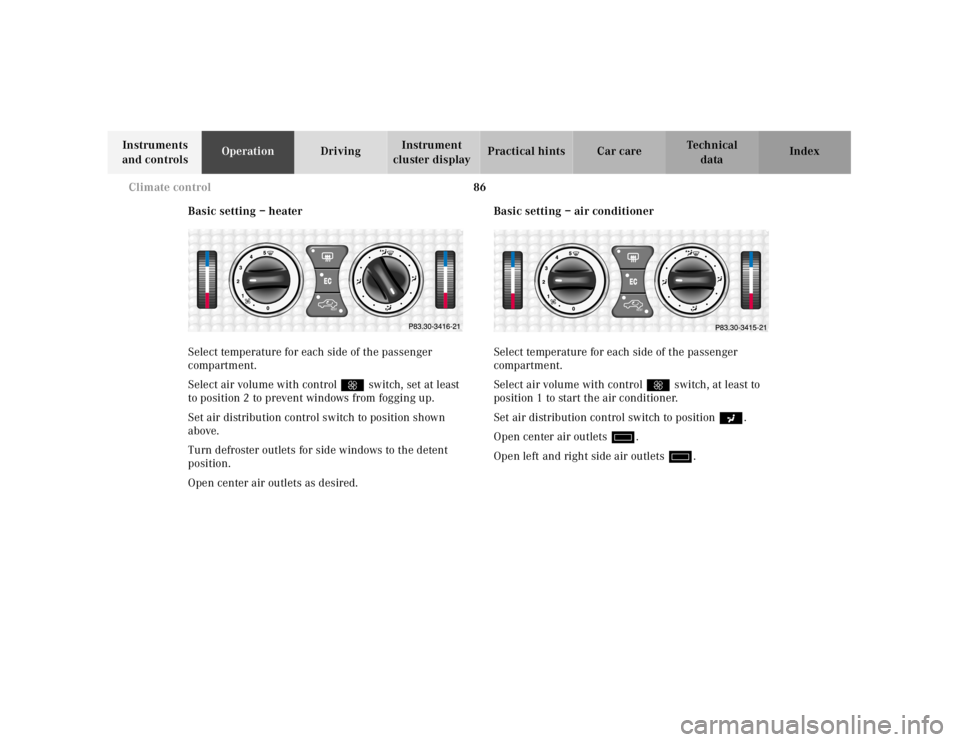 MERCEDES-BENZ SLK CLASS 2000 Manual Online 86 Climate control
Te ch n ica l
data Instruments 
and controlsOperationDrivingInstrument 
cluster displayPractical hints Car care Index
Basic setting – heater
Select temperature for each side of th