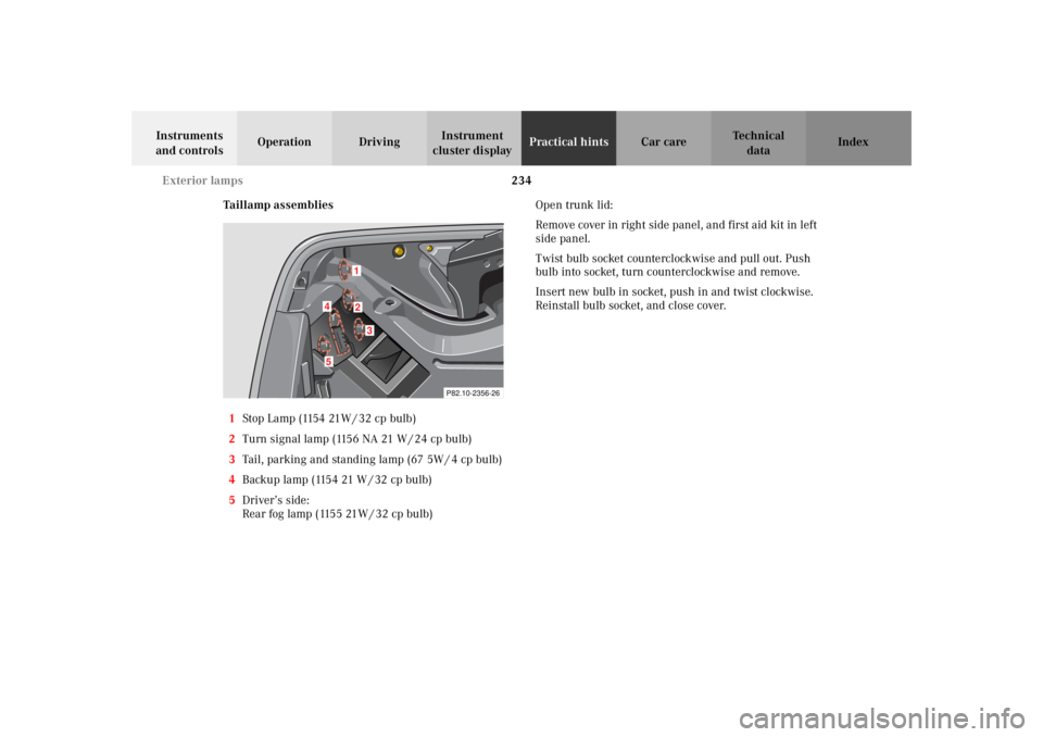 MERCEDES-BENZ SLK CLASS 2002  Owners Manual 234 Exterior lamps
Te ch n i c a l
data Instruments 
and controlsOperation DrivingInstrument 
cluster displayPractical hintsCar care Index
Taillamp assemblies
1Stop Lamp (1154 21W / 32 cp bulb)
2Turn 