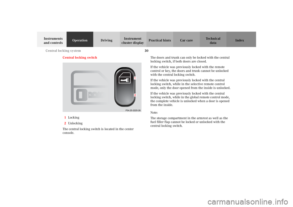 MERCEDES-BENZ SLK CLASS 2002 Owners Guide 30 Central locking system
Te ch n i c a l
data Instruments
and controlsOperationDrivingInstrument
cluster displayPractical hints Car care Index
Central locking switch
1Locking
2Unlocking
The central MERCEDES-BENZ SLK CLASS 2002 Owners Guide 30 Central locking system
Te ch n i c a l
data Instruments
and controlsOperationDrivingInstrument
cluster displayPractical hints Car care Index
Central locking switch
1Locking
2Unlocking
The central