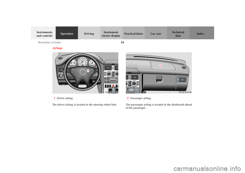 MERCEDES-BENZ SLK CLASS 2002 Workshop Manual 54 Restraint systems
Te ch n i c a l
data Instruments
and controlsOperationDrivingInstrument
cluster displayPractical hints Car care Index
Airbags
1Driver airbag
The driver airbag is located in the MERCEDES-BENZ SLK CLASS 2002 Workshop Manual 54 Restraint systems
Te ch n i c a l
data Instruments
and controlsOperationDrivingInstrument
cluster displayPractical hints Car care Index
Airbags
1Driver airbag
The driver airbag is located in the
