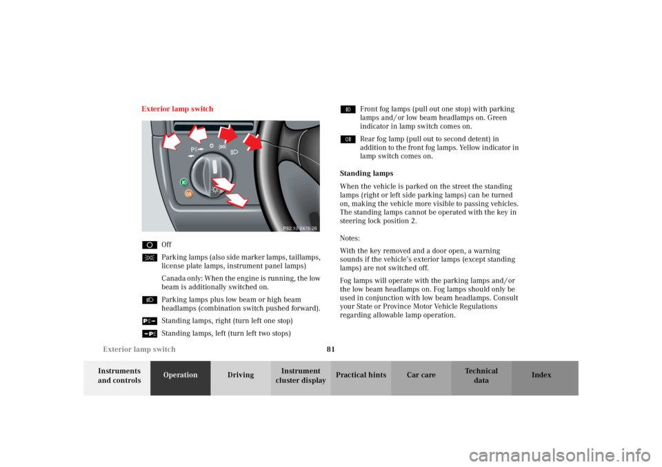 MERCEDES-BENZ SLK CLASS 2002 Owners Manual 81 Exterior lamp switch
Te ch n i c a l
data Instruments
and controlsOperationDrivingInstrument
cluster displayPractical hints Car care Index Exterior lamp switch
DOff
CParking lamps (also side mark MERCEDES-BENZ SLK CLASS 2002 Owners Manual 81 Exterior lamp switch
Te ch n i c a l
data Instruments
and controlsOperationDrivingInstrument
cluster displayPractical hints Car care Index Exterior lamp switch
DOff
CParking lamps (also side mark