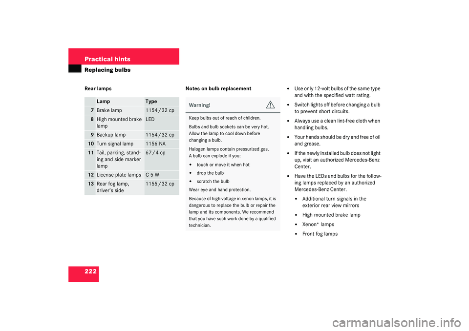 MERCEDES-BENZ SLK CLASS 2003  Owners Manual 222 Practical hintsReplacing bulbsRear lamps Notes on bulb replacement

Use only 12-volt bulbs of the same type 
and with the specified watt rating. 

Switch lights off before changing a bulb 
to pr