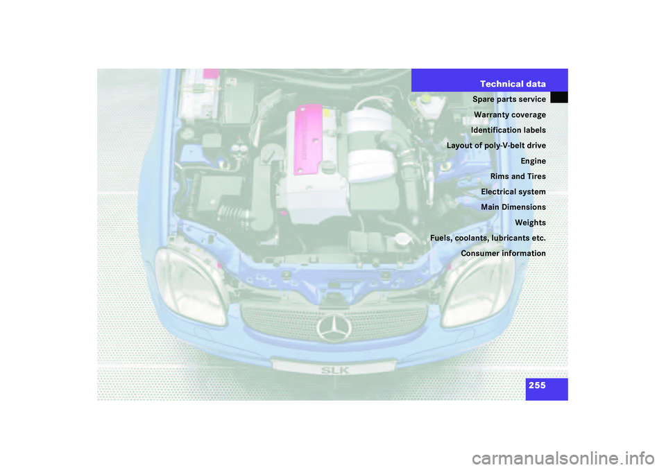 MERCEDES-BENZ SLK CLASS 2003  Owners Manual 255 Technical data
Spare parts service
Warranty coverage
Identification labels
Layout of poly-V-belt drive
Engine
Rims and Tires
Electrical system
Main Dimensions
Weights
Fuels, coolants, lubricants e